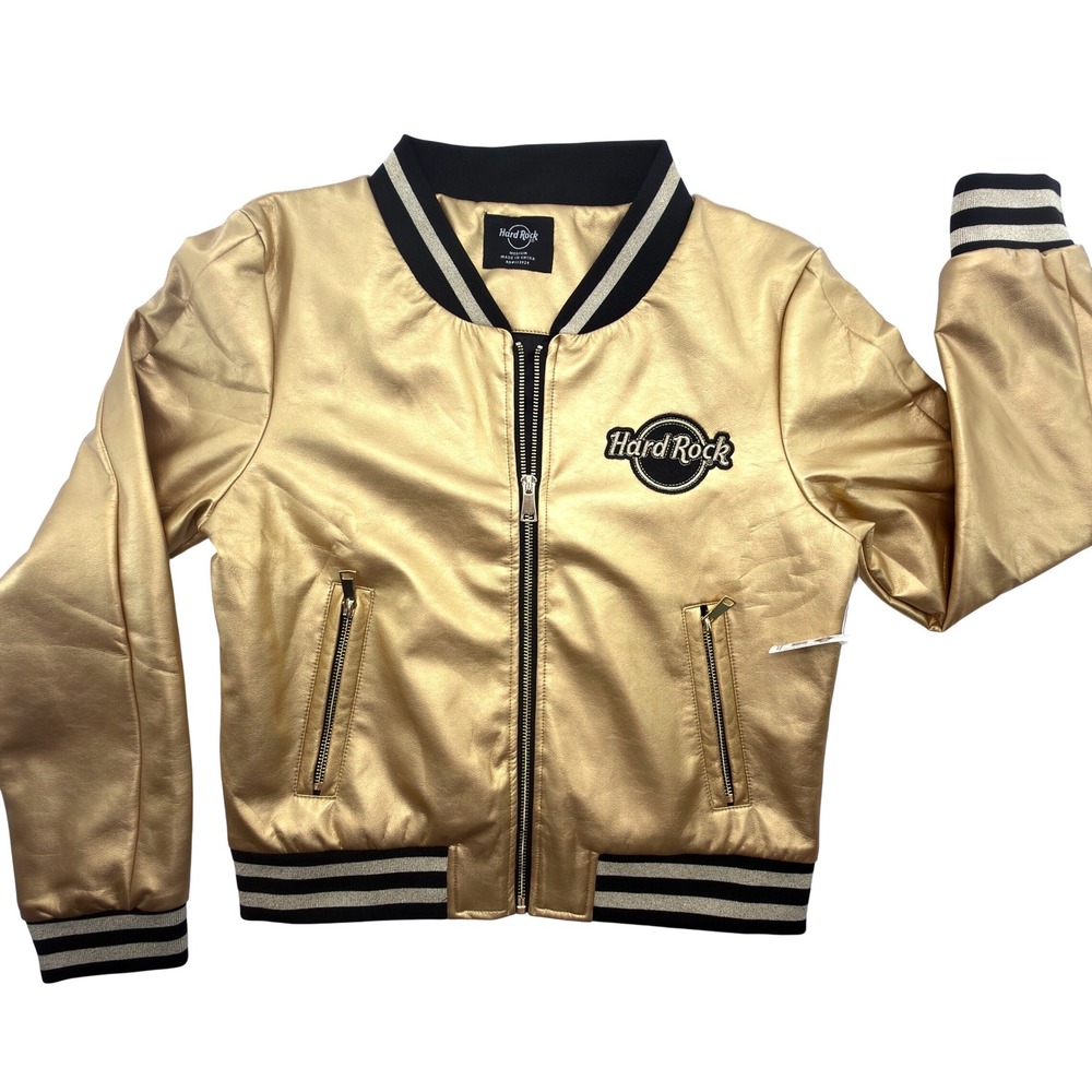 Hard Rock Gold Metallic Bomber Jacket Women Medium NWT Sequin Back Varsity Rare